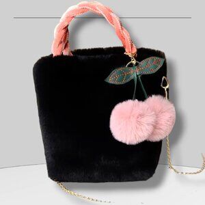 Plush BLACK Fur Bucket Bag Two PINK Pom Pom CHERRIES Fall School Trendy